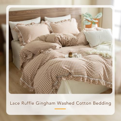 Image of QSH 3PCs Washed Cotton Tan Gingham Lace Ruffle Duvet Cover Set Queen Size Khaki Plaid Shabby Vintage Boho Chic Bedding Quilt Cover Farmhouse Ultra Soft Comforter Cover Set Queen with Pillow Shams