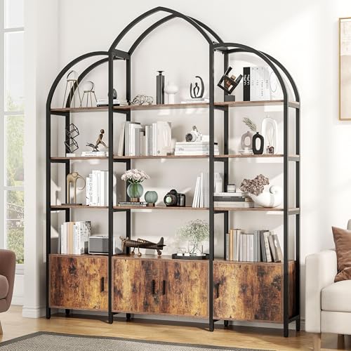 Nosepen Triple Wide 5 Tier Tall Arched Bookshelf and Bookcase with 3 Cabinets, Industrial Metal Etagere Open Bookshelf, Rustic Wood Standing Book Shelf with Black Metal Frame for Bedroom Living Room