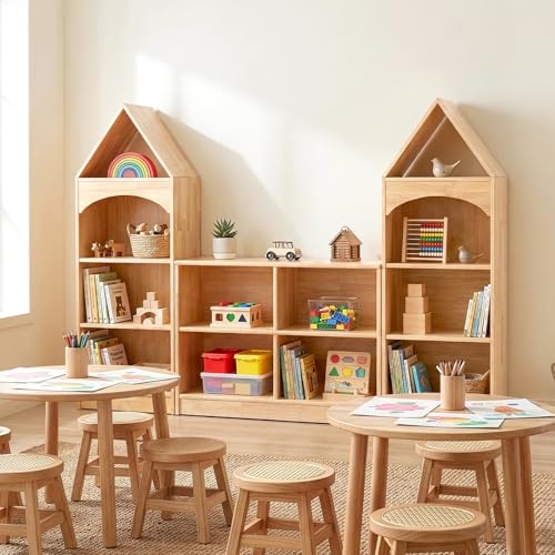Image of OOOK Rubber Wood 4-Compartment Wooden Storage Cabinet, 35.4 inch L, 2-Tier Toy Organizers and Storage, Montessori Shelf for Kids Room, Playroom, Nursery, Classroom, Kindergarten
