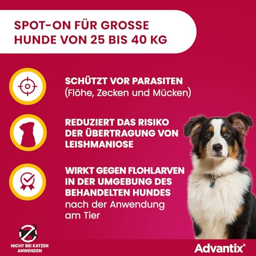 ADVANTIX Sparset: Elanco Spot on für Hunde 25 kg - 40 kg, Schutz vor Zecken & Flöhen, wehrt Mücken & Stechfliegen vor dem Stich ab – Schutz für Urlaub & Alltag, Wirkung bis zu 4 Wochen, 2x4 Pipetten