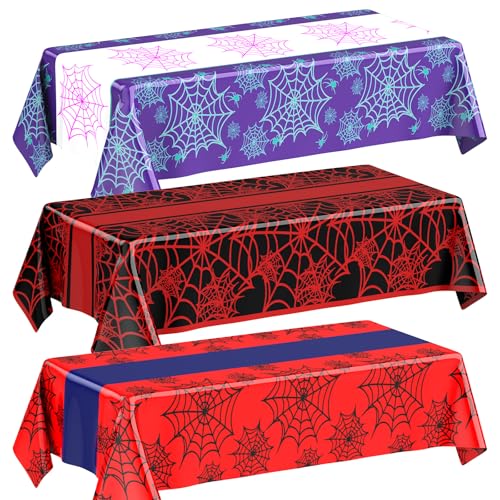 Image of Oudain 3 Pack Spider Theme Birthday Decorations Halloween Purple Black Red Green Pink Web Bat Tablecloth Cartoon Table Cover Party Favor for Birthday(Web,Purple, Black, Red)