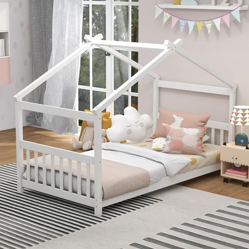 KOMFOTT-Twin-Wood-House-Bed-for-Kids-Low-Profile-Floor-Bed-Frame-with-Roof-Headboard-Footboard-Tent-Bed-for-Toddlers-Boys-Girls-Wood-Montessori-Bed-No-Box-Spring-Needed-White KOMFOTT Twin Wood House Bed for Kids Low Profile Floor Bed Frame with Roof Headboard Footboard Tent Bed for Toddlers Boys Girls Wood Montessori Bed No Box Spring Needed White