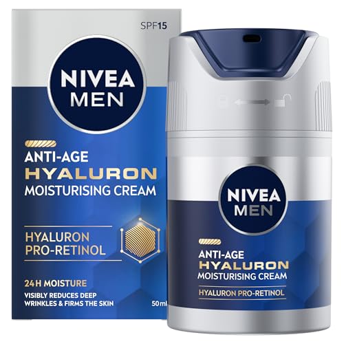 NIVEA MEN Anti-Age Hyaluron SPF15 Moisturising Face Cream (50ml) Anti Wrinkle Face Cream with Hyaluronic Acid and Pro-Retinol Mens Moisturiser Visibly Reduces Deep Wrinkles and Firms Skin