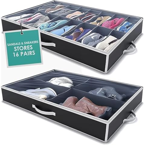 Woffit Under Bed Shoe Storage Organizer – Fits 16 Pairs of Shoes & 4 Pairs of Boots in Sturdy Box w/Strong Zipper & Handles – Underbed Organizers for Kids & Adults Cover