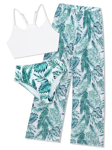 SHEKINI Girls 3 Piece Printed Swimsuit High Waist Bikini Set with Cover Up Pants (White & Blue Print, 12 Years)