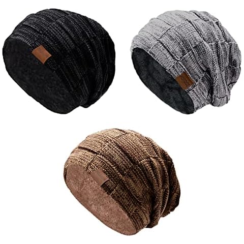ZOORON Slouchy Beanie for Men,Warm Winter Hats for Men Women,Soft Knit Skull Cap Lined with Fleece Ski Stocking Beanie Hats, Z-3pack-black&grey&khaki Cover
