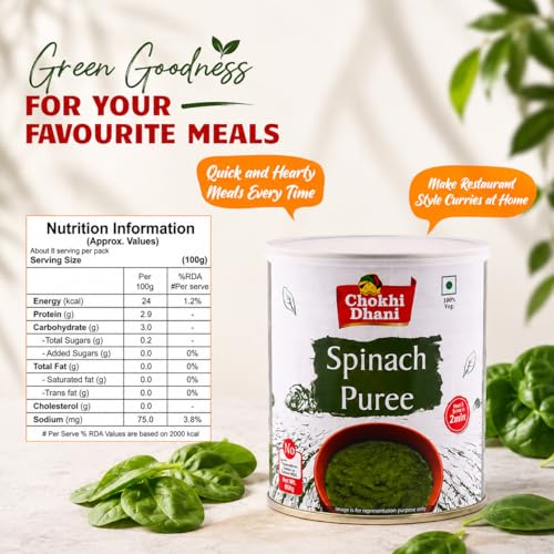 Image of Chokhi Dhani Spinach Puree 800g | Ready to Cook Palak Puree | Fresh & Hygienic | Just add Paneer or Corn & Serve in 2 Minutes | Ideal for Curries, Palak Paneer