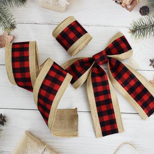 TONIFUL 2 Rolls-2.5 Inch Black and Red Plaid Check Burlap Ribbon - Image 3