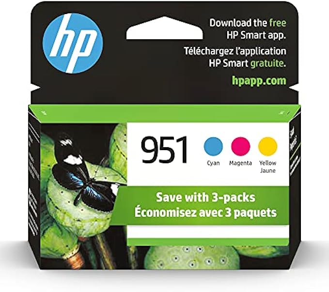 HP 951 Cyan, Magenta, Yellow Ink Cartridges (3 pack)| Works with HP OfficeJet 8600, HP OfficeJet Pro 251dw, 276dw, 8100, 8610, 8620, 8630 Series | Eligible for Instant Ink | CR314FN, Combo 3-Pack