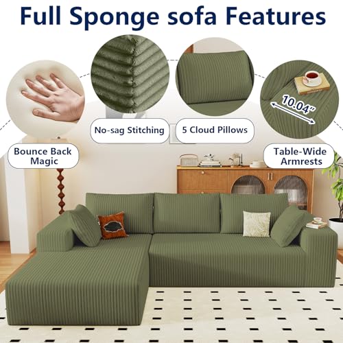 Image of 96 inch Modular Sectional Sofa, Modern Corduroy Cloud Couch with Deep Seat, Boneless Couch Upholstered 3-Seater L-Shaped Sofa for Living Room, No Assembly Required (Green, Left-Facing Chaise)