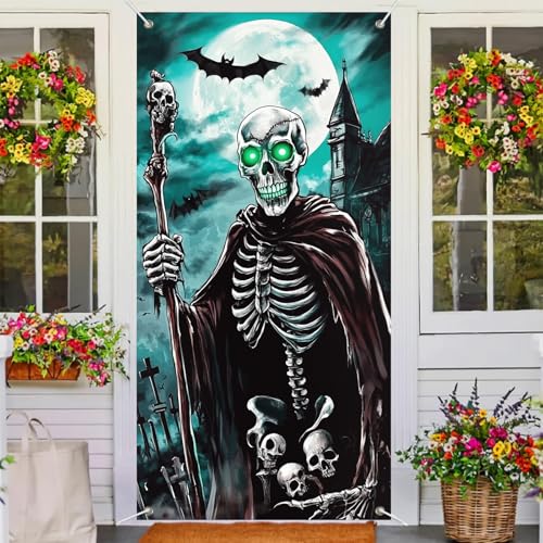 Image of BlissYard Halloween Door Cover Skeleton Moonlight 35x71 Inch Polyester | Door Banner, Wall Decor | Skeleton Entry Accent, Moonlight Backdrop | Porch, Hallway, Party (Spooky Art)