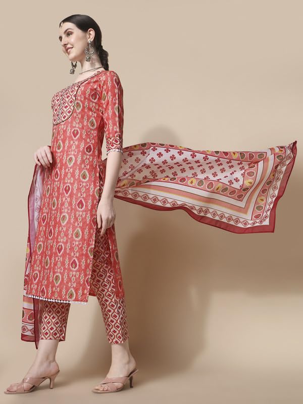 Image of NAINVISH Cotton Blend Kurti Pant & Dupatta | Orange Kurta Set for Women | Women Kurta Pant Dupatta Set | Kurta Pant with Dupatta Set | Printed Kurta Pant Dupatta Set