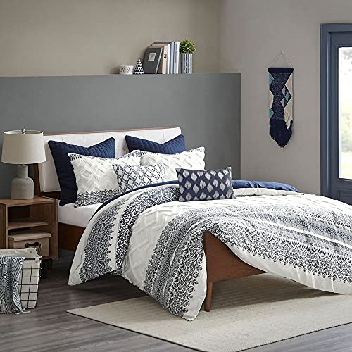 Image of Ink+Ivy Queen Comforter Set, Chic Chevron Chenille Tufting Accent, Boho Comforters, All Season, Lightweight Cotton Comforter Bedding, 2 Shams, Mila, Full Navy 3 Piece