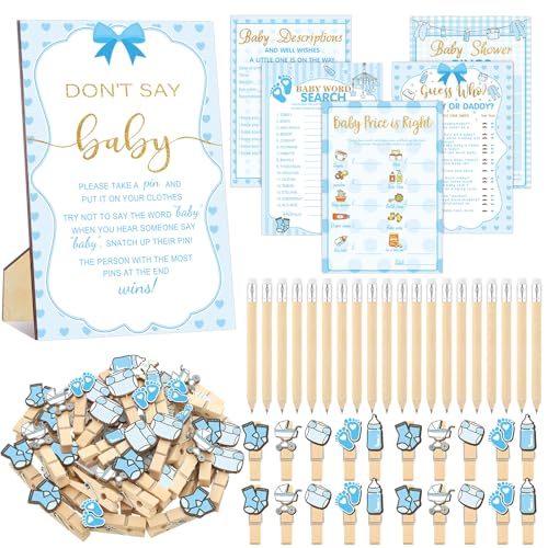 Image of Patelai 321 Pcs Blue Bow Boy Baby Shower Games Decorations 5 Set a Sweet Baby Boy Is on The Way Blue Gender Reveal Don't Say Games Bottle Stroller Feet Clothespins for Gender Reveal Party Decorations