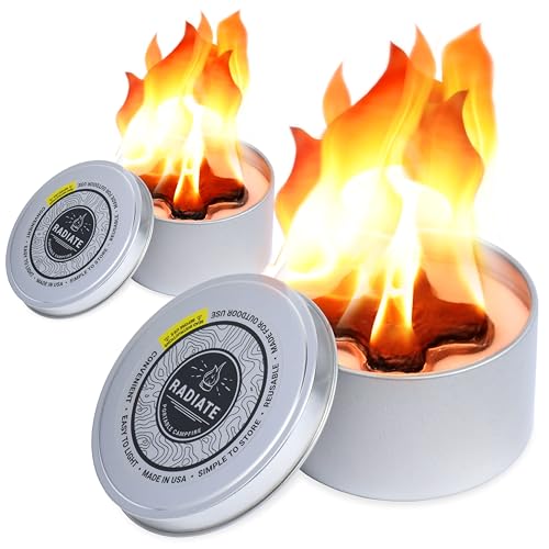 Radiate Tragbare Tisch-Feuerstelle, Lagerfeuer in einer Dose, 10,2 cm, weiß, modern, 2 Stunden Wärme und Brenndauer, tragbares Sojawachs, leichtes Campingfeuer und sichere Tisch-Feuerstelle, 2 Stück