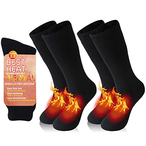 Bun Large Warm Thermal Athletic Socks, Heavily Heated Fuzzy Socks Comfort Mid-Calf Socks for Subfreezing Cold Weather Warm Non-slip Socks Thick Hot Slipper Socks for Men Indoor Activities, Blackx2, L