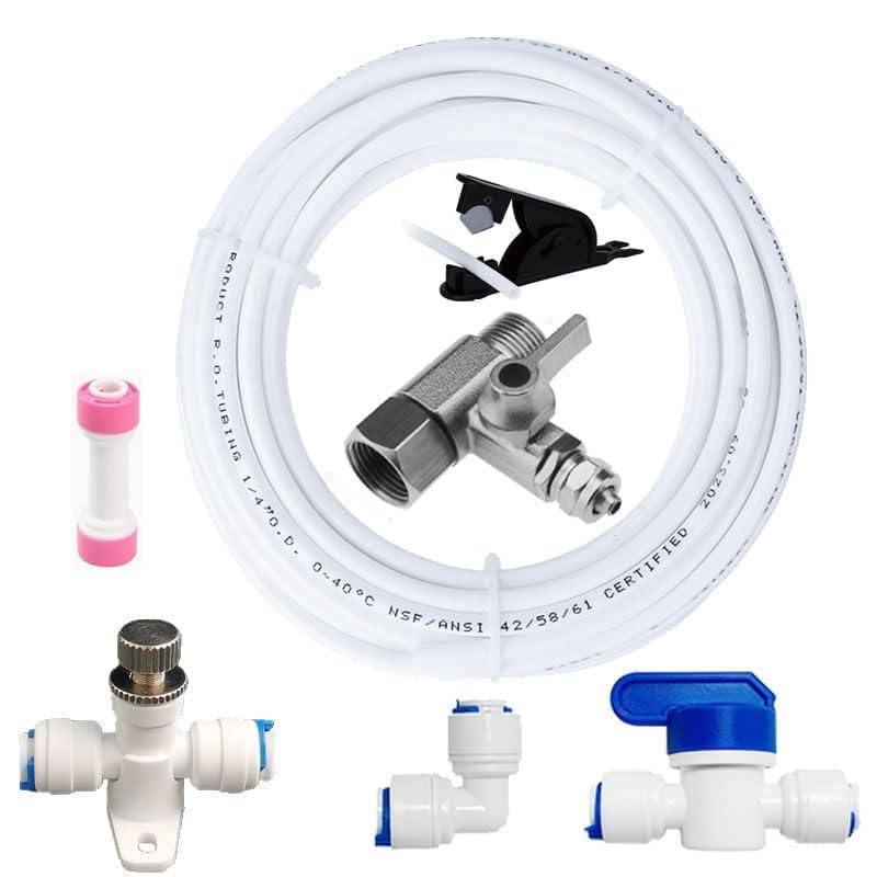 Universal Wasseranschluss-Set für Umkehrosmose-Systeme,Wasserfilter,Kühlgeräte,15M 1/4' AD Schlauch mit T-Stück-Adapter,Absperrventil, Ellbogen,Durchflussbegrenzer,Rückschlagventil,Schlauchcutter