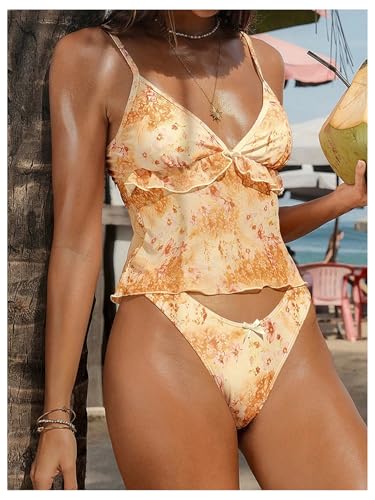 WDIRARA Women's 2 Piece Floral Ruffle Tankini Swimsuit High Cut Bathing Suit3