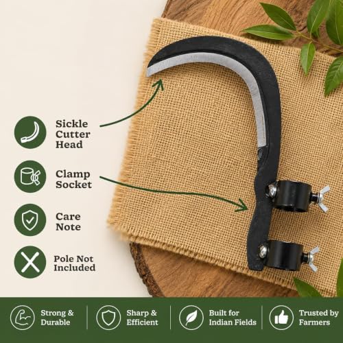 Image of VELTRIX Multipurpose Sickle Cutter Head with Adjustable Clamp | Heavy Duty Curved Metal Blade for Grass, Weed, Branch & Coconut Cutting | Manual Agricultural & Gardening Tool