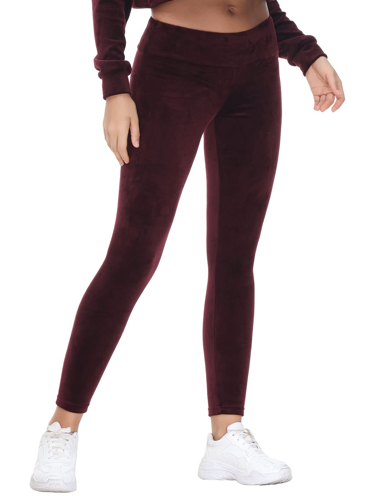 COZZIPLUS Women Velour Legging- High Waisted Buttery Soft Velvet Stretchy Legging, Wine, Large