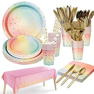 DONGQI 161pcs Pastel Arc en Ciel Party Vaisselle, Kit Vaisselles Anniversaire Assiette Dîner Papier Tasses Nappe Pailles…