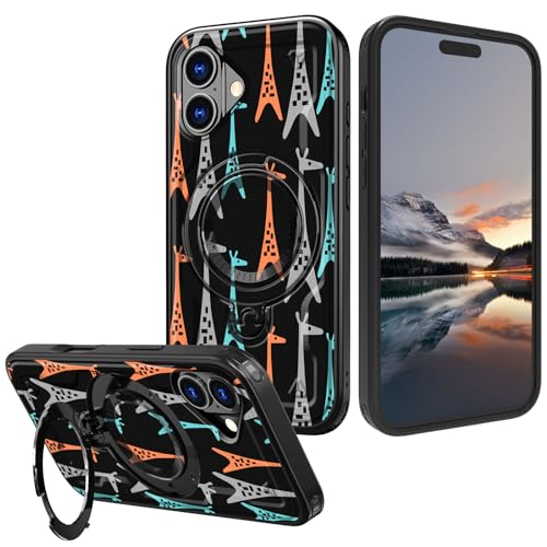 Qindaiwen for iPhone 16 Case with Stand & Ring Holder – Military Drop Protection, Heavy Duty Shockproof Hard PC Back & Soft Silicone Phone Cover for iPhone 16 6.1'', Giraffe Pattern