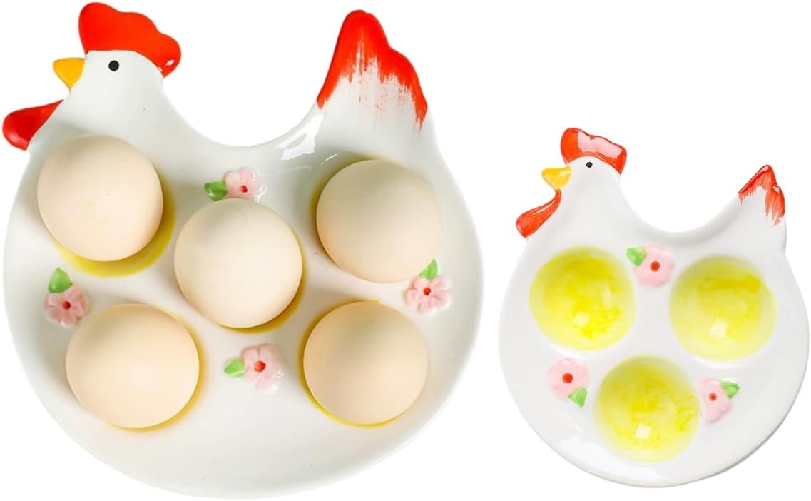 2-Piece Ceramic Egg Tray Set, 3 & 5 Compartment Modern Serving Platter for Deviled Eggs & Appetizers - Elegant Breakfast Display Plate, Creative Kitchen & Dining Room Serveware
