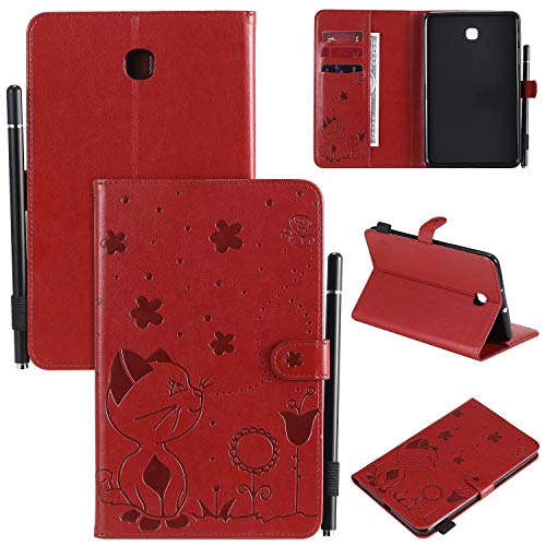 Hülle für Samsung Galaxy Tab A 8.0 2018 / SM-T387 {8"},Pu Leder Katze Biene Schutzhülle Case Cover mit Ständer Stift Halter Funktion,Rot