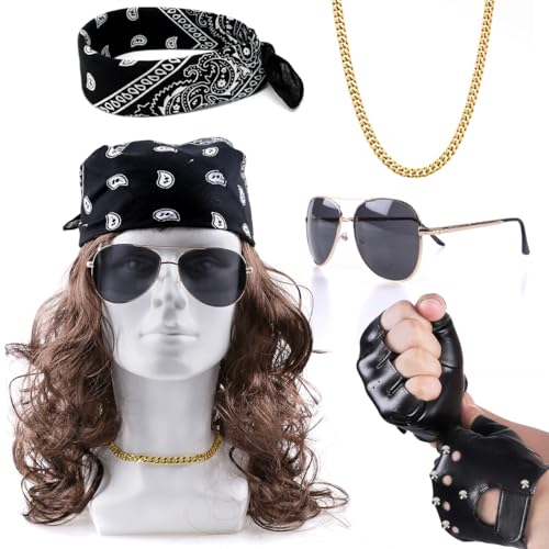 Photo de Humairc Perruque Eddie Deгуisement Costume Hippie Munson Halloween Carnaval Disco 70 80 Gants Lunettes Collier Serre-Tête