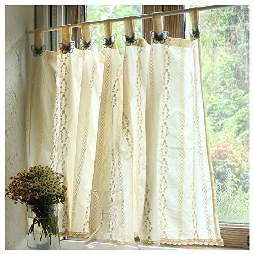 TAEOVXD Cortina de algodón con Bordados de Estilo Rural para Ventanas de Cocina, baños y porches, Cortina de Media Luna translúcida con Forma de Mariposa y trabilla en la Parte Superior