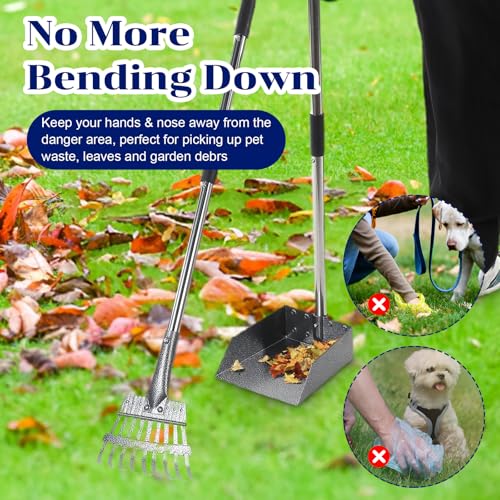 Image of 3 Pcs Dog Pooper Scooper Tray Shovel & Rake Kit, Heavy Duty Dog Poop Scooper with Adjustable Metal Long Handle, Portable Large Dogs Poop Picker Upper for Yard, Walks, Grass & Garden Leaves