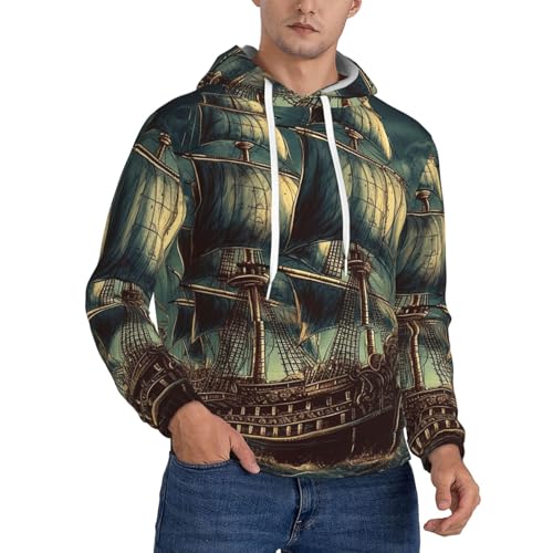 Men's Fleece Pullover Hoodie Long Sleeve Hooded Nautical Vintage Sailing Pirate Ship Sweatshirt Casual Shirts With Pockets Medium Black
