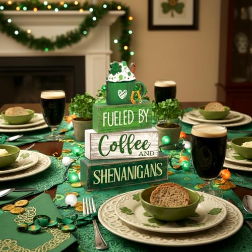 Image of Moucuny 4 Pcs St Patricks Day Table Decoration Wooden Green Ice Cream Cup St. Patrick's Day Tiered Tray Decor Irish Centerpiece Green and White Happy St Patricks Coffee Bar Decor for Home Kitchen