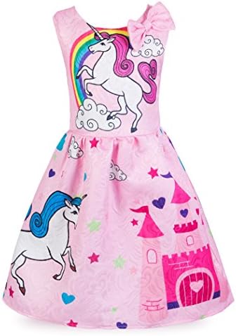 Wocau Little Girls Stars Unicorn Rainbow Dress Pageant Pleated Dress (Pink Bowknot, 3-4 Years)
