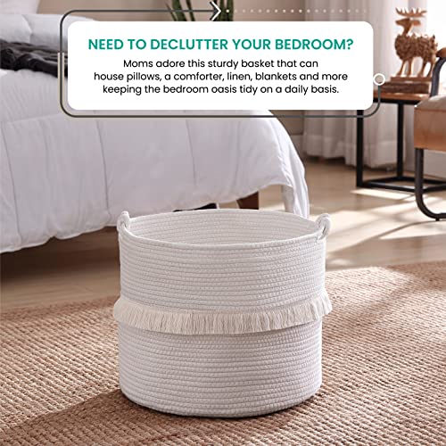 Organizix Round Woven Boho Cotton Rope Storage Tassels Basket, Laundry Basket Hamper, Decorative Fringe With Knot Handles, Toys And Blanket Basket For Nursery, Cream, 13 X 16 #TOP1