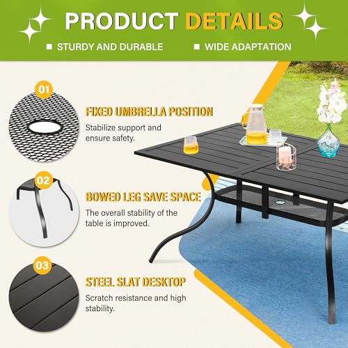 Image of Patio Dining Table, 60 inch x 37 inchOutdoor Rectangular Metal Table,1.57 inch Umbrella Hole, for Backyards, Porches, Gardens or Poolside, Black