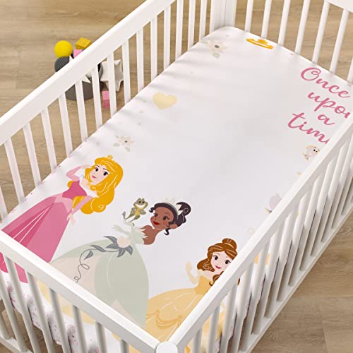 Image of NoJo Disney Princess Make A Wish Pink, White and Yellow Once Upon a Time Nursery Photo Op Fitted Crib Sheet