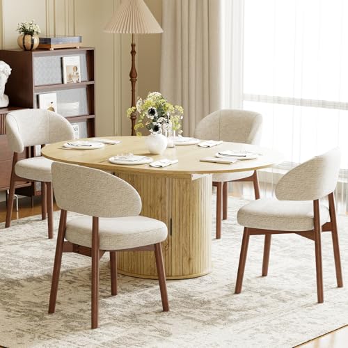 Image of MALOL 47 inch-63 inch Extendable Round to Oval Dining Table Chairs Set for 4-8, Modern Wooden Kitchen Table and Chairs with Hidden Storage and Fluted Design for Dining Room /Small Space(Natural Wood and Beige)