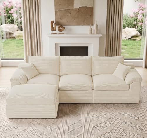 Image of Cloud Sectional Couch, Boneless Couches for Living Room, Beige | L shaped, Modular Sectional Sofa with Deep Seat & Convertible Ottoman, Built for Family Life, Apartments & Living Rooms