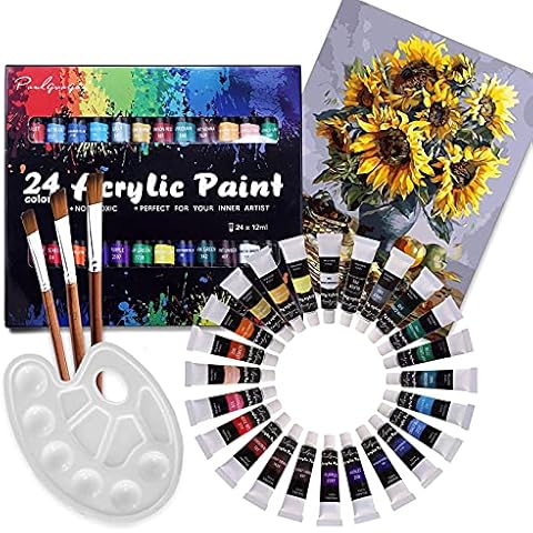 EVNEED Acrylic Paint Set 24 Colors With 3 Paintbrushes,1 Palette,1 Canvas, Ideal Acrylic Art Set for Canvas, Wood, Fabric,Rock Painting, School Cover
