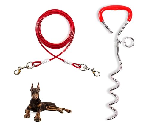 Ancrage en Spirale Rouge de 40 cm avec câble en Acier de 5 mm x 3 m - Ancrage au Sol à Visser - Force de Traction de 80 kg - pour Chiots, Animaux domestiques et Chiens de Taille Moyenne, Camping