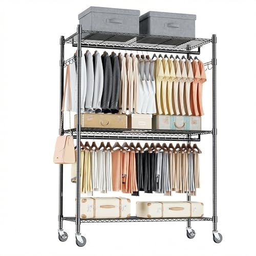 Himimi Doppelter Kleiderständer/Kleiderstange mit Höhenverstellbaren Ablage,Kleiderständer auf Rollen, Stabiles Metall,Schwerlast-Kleiderständer mit 2 Haken, 90 * 42 * 205cm, Schwarz