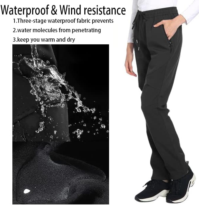 Apotemis Womens Snow Winter Cold Weather Hiking Pants Ski Waterproof Rain Insulated Fleece Lined Plus Size Pants Black XX-Large