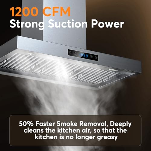 Image of 36 Inch Wall Mount Range Hood 1200 CFM, 4-Speed Wall Mount Range Hood with Touch Control & Gesture Sensing Stainless Steel Kitchen Stove Vent Hoods with 2 LED Lights Luxury Series