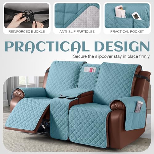 Image of KinCam 100% Waterproof Recliner Loveseat Cover with Console, Non-Slip Reclining Couch Covers for 2 Seat, Recliner Sofa Cover Furniture Protector with Elastic Straps for Kids, Pets, Light Blue