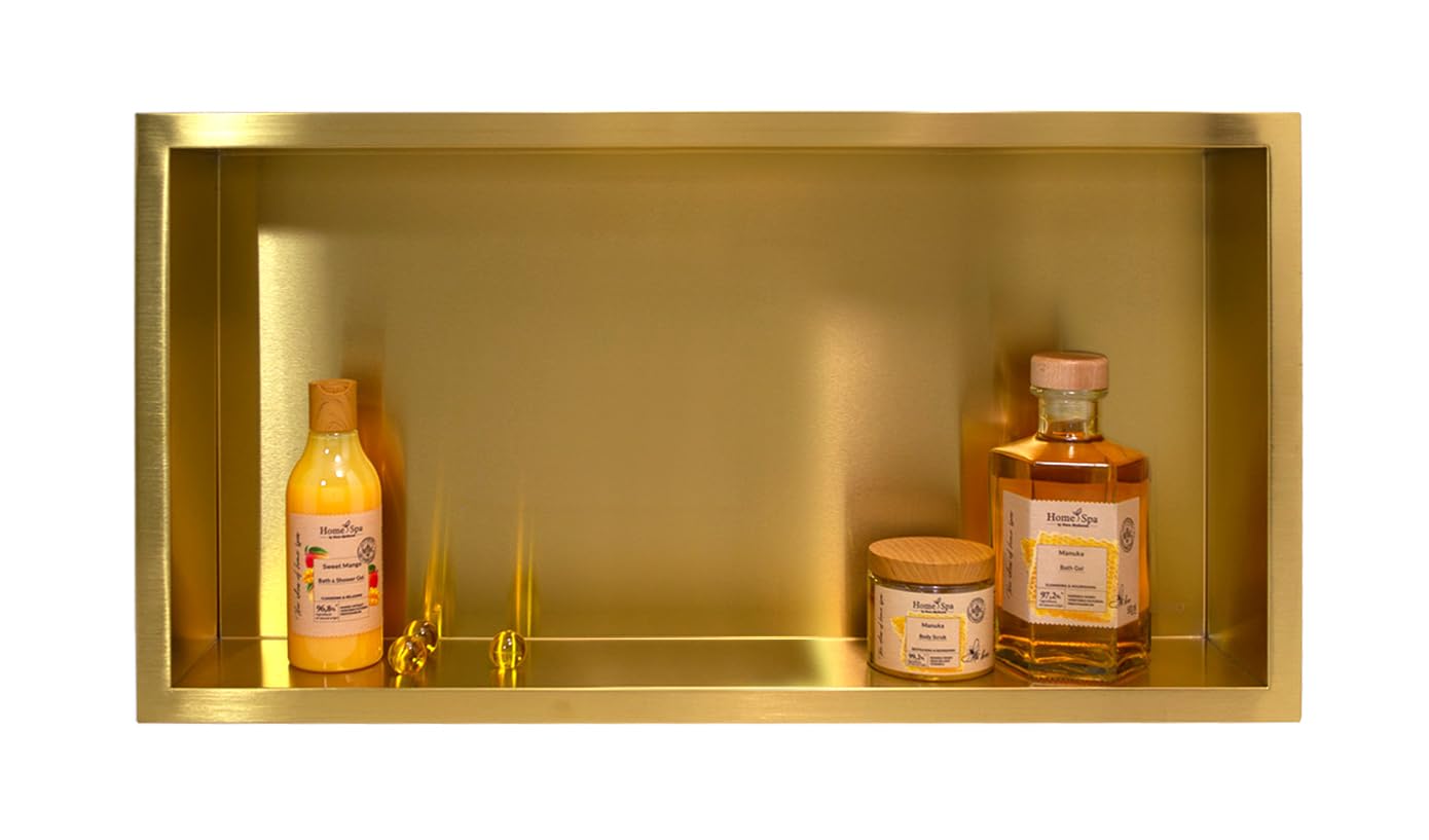 Wall-Box One Gold Nicho de Acero Inoxidable 60x30x7cm, Dorado, Nicho de Ducha de Pared, Impermeable, Instalación Flexible, para Utensilios de Baño, sin Azulejos