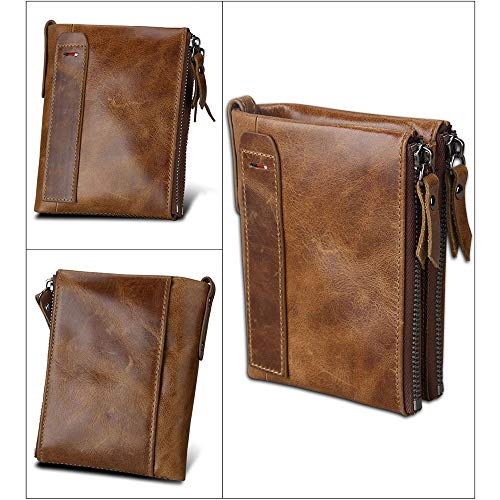 Men's Folding Double Zip Wallet RFID Blocks Retro Short Coin Purse3