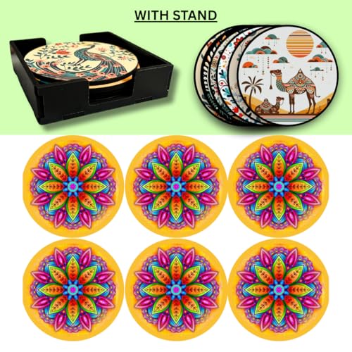 Image of Zesta Coasters for Cups Set of 6 / Wooden Coasters for Bar Accessories for Home /Tea Coaster Set of 6 / Waterproof Dining Table Decor Glass Cover (Mandala - Brown, Circle)