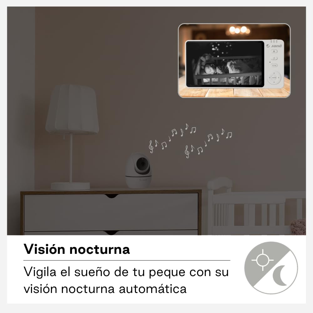 Jané Eye Pro Baby Monitor, Vigilabebés con Cámara Giratoria, Inclinación Motorizada, Pantalla 5", Audio Bidireccional, Visión Nocturna, Gran Alcance, con Música, Batería Bajo Consumo