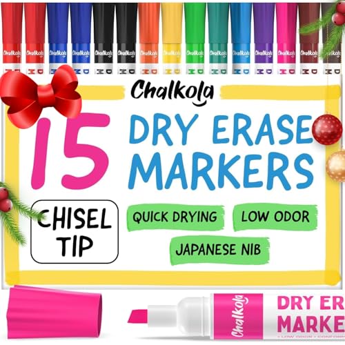 Chalkola Dry Erase Markers Chisel Tip (15 Pack, 12 Colors) | Dry Erase Pens - Non toxic, Low odor Whiteboard Markers for Kids, Teachers, Office, School, Classroom Supplies & Accessories
